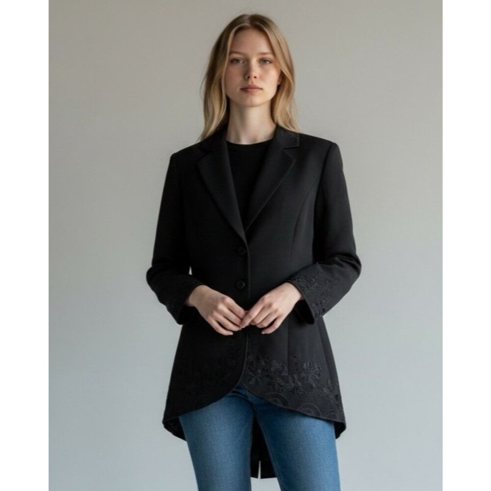 Soft Surroundings NEW womens black embroidered long tail blazer Large workwear